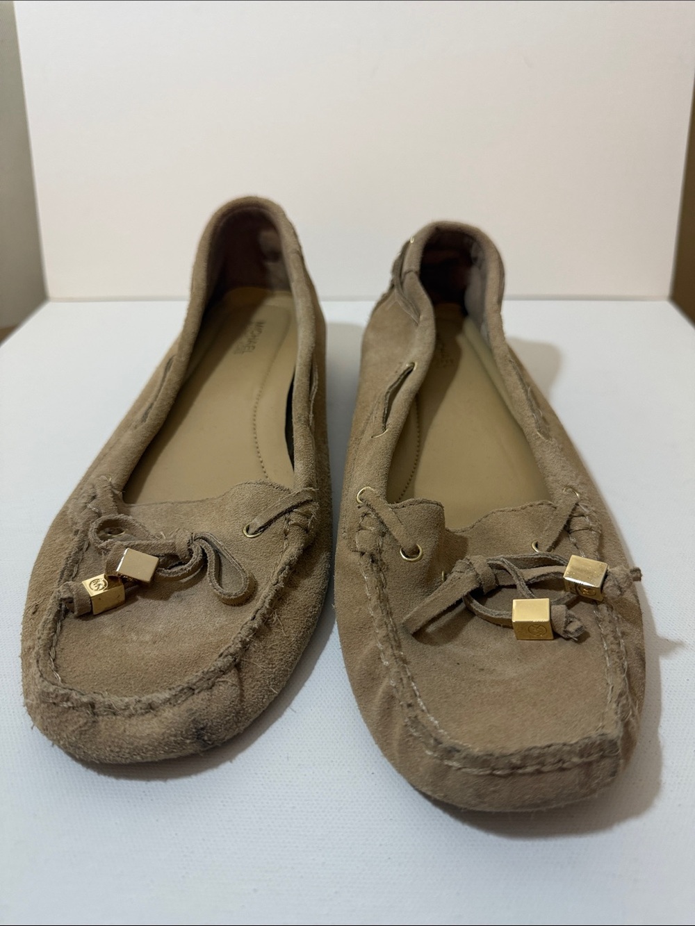 Michael Kors Taupe Suede Moccasins with Gold Cube Accents